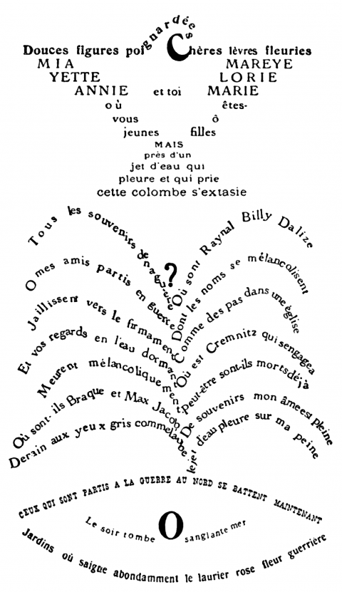 Guillaume Apollinaire, « La Colombe Poignardée et le Jet d’eau », dans Calligrammes. Poèmes de la paix et de la guerre 1913-1916, Paris, Le Mercure de France, 1918.