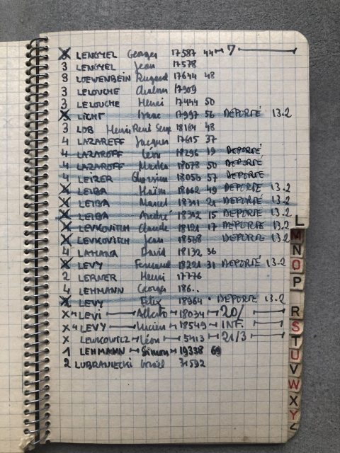 Fig. 2. Archives privée Louis Grodecki, sans cote : répertoire de louis Grodecki enregistrant les noms, prénoms et matricules des déportés de son « escalier » depuis le camp de Drancy vers les camps d’extermination allemands (1942-1943).
