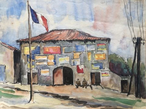 Archives privée Louis Grodecki, sans cote : Camp militaire de Chalon-sur-Saône, août 1940, aquarelle, sans signature
